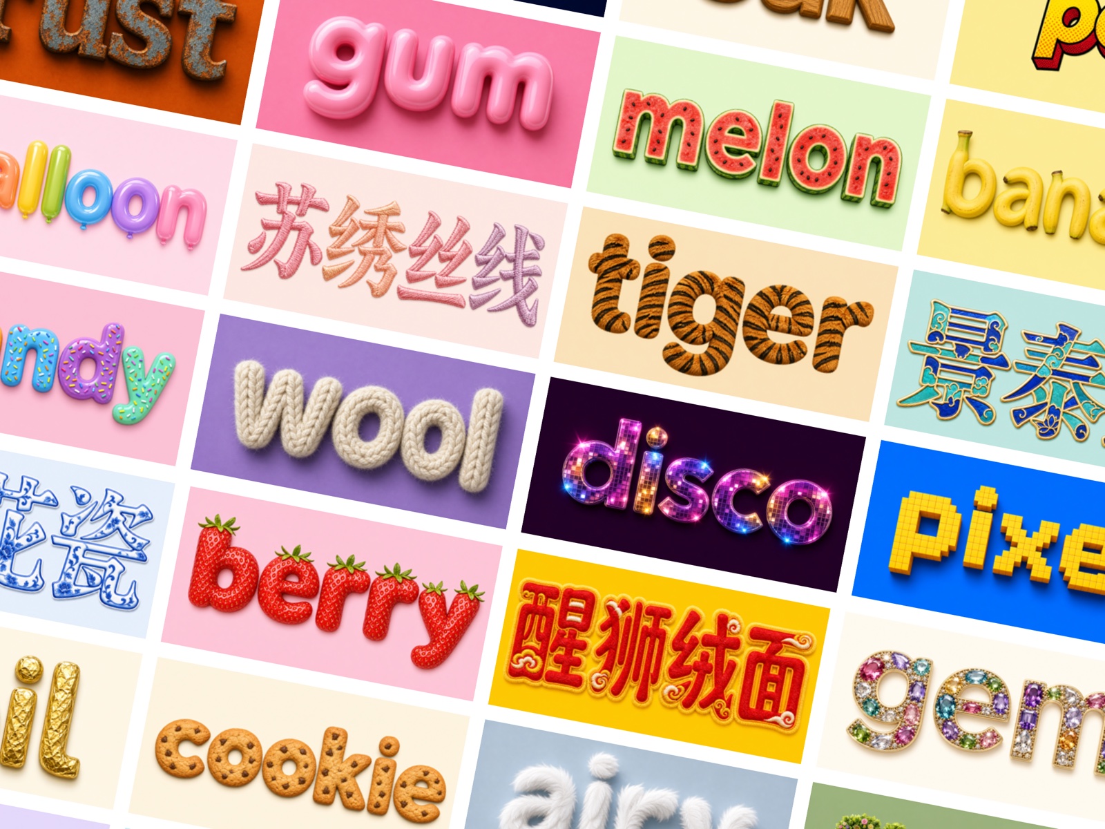 Grid of AI Font Effects examples including gum, melon, tiger fur, wool, disco, embroidery, cookie and gemstone text, in English and Chinese
